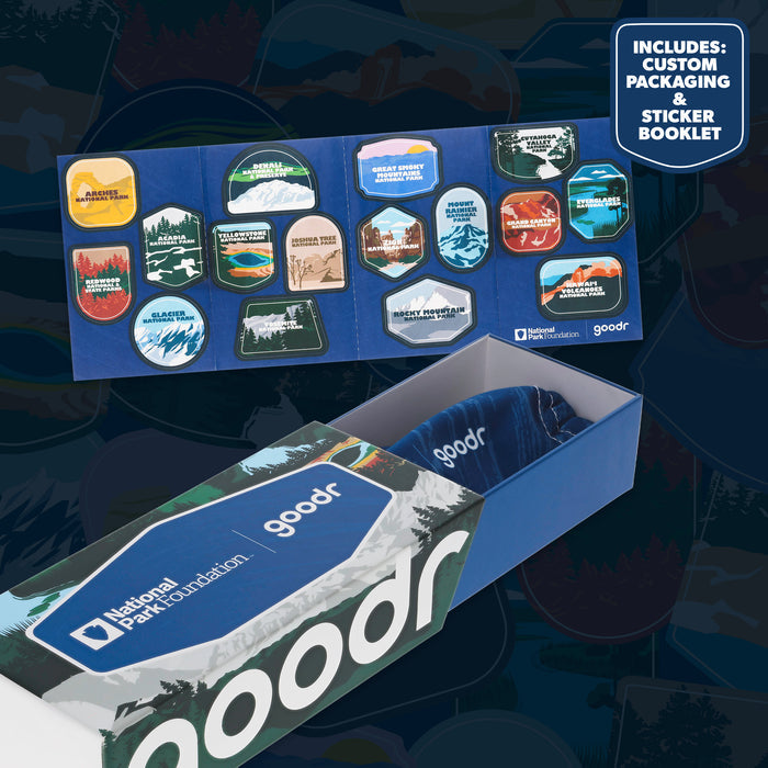 National Park Foundation x goodr gift box with custom sticker booklet and matching sunglasses pouch.