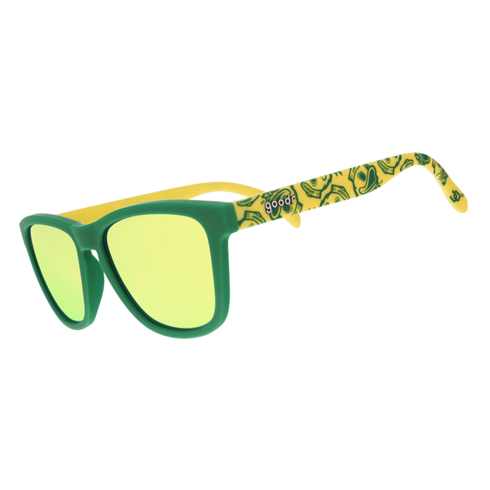 Three quarter angle of yellow-and-green sunglasses featuring the Oregon Ducks duck mascot and gold-green reflective lenses.