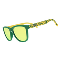 Three quarter angle of yellow-and-green sunglasses featuring the Oregon Ducks duck mascot and gold-green reflective lenses.