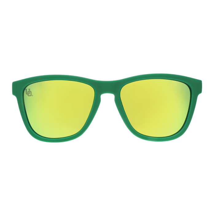 Front view of officially licensed Oregon Ducks sunglasses featuring a green faceplate and gold-green reflective lenses.