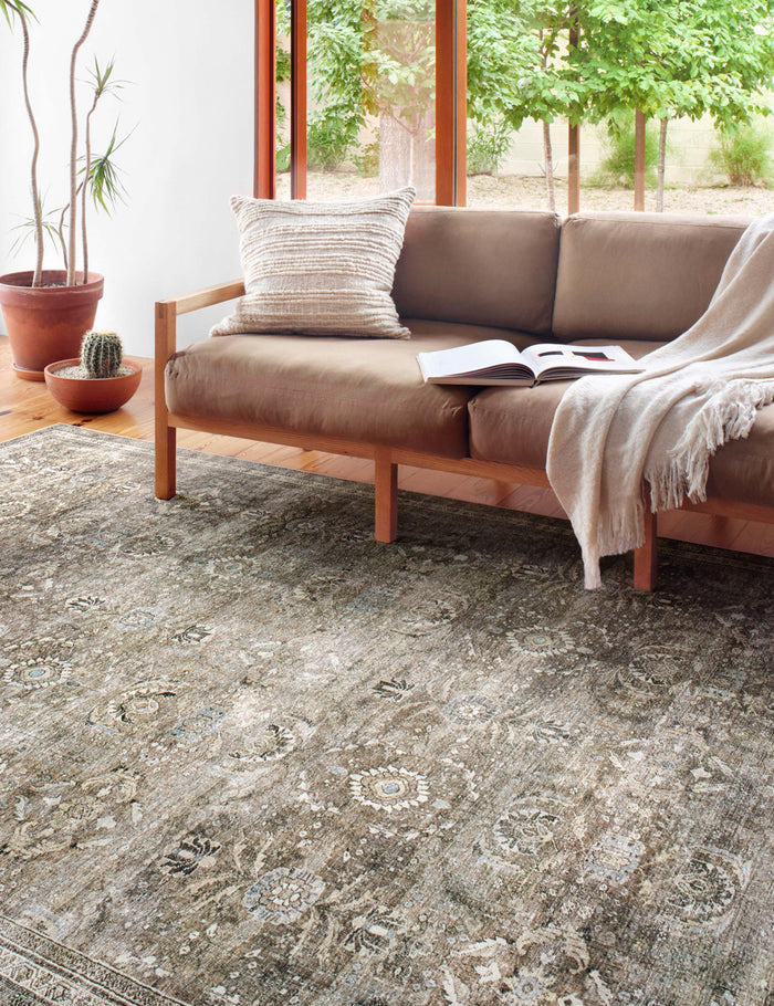 #color::antique-and-moss #size::2--x-5- #size::2-3--x-3-9- #size::2-6--x-7-6- #size::2-6--x-9-6- #size::2-6--x-12- #size::3-6--x-5-6- #size::5--x-7-6- #size::7-6--x-9-6- #size::9--x-12- | Amalia distressed traditional rug lays under a brown cushioned couch in a living room with house plants