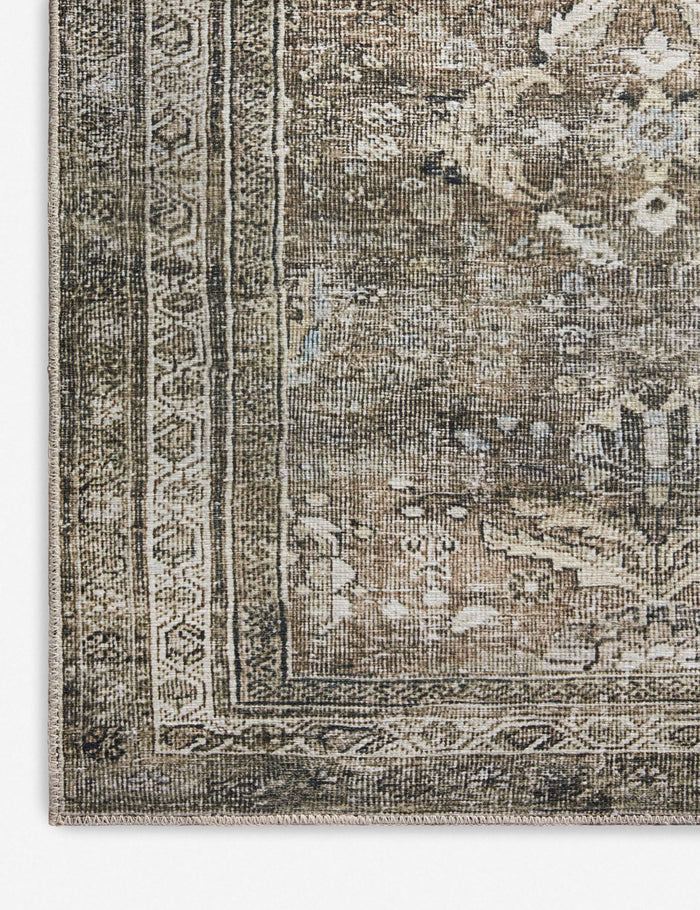 #color::antique-and-moss #size::2--x-5- #size::2-3--x-3-9- #size::2-6--x-7-6- #size::2-6--x-9-6- #size::2-6--x-12- #size::3-6--x-5-6- #size::5--x-7-6- #size::7-6--x-9-6- #size::9--x-12- | Corner shot of the Amalia distressed traditional rug