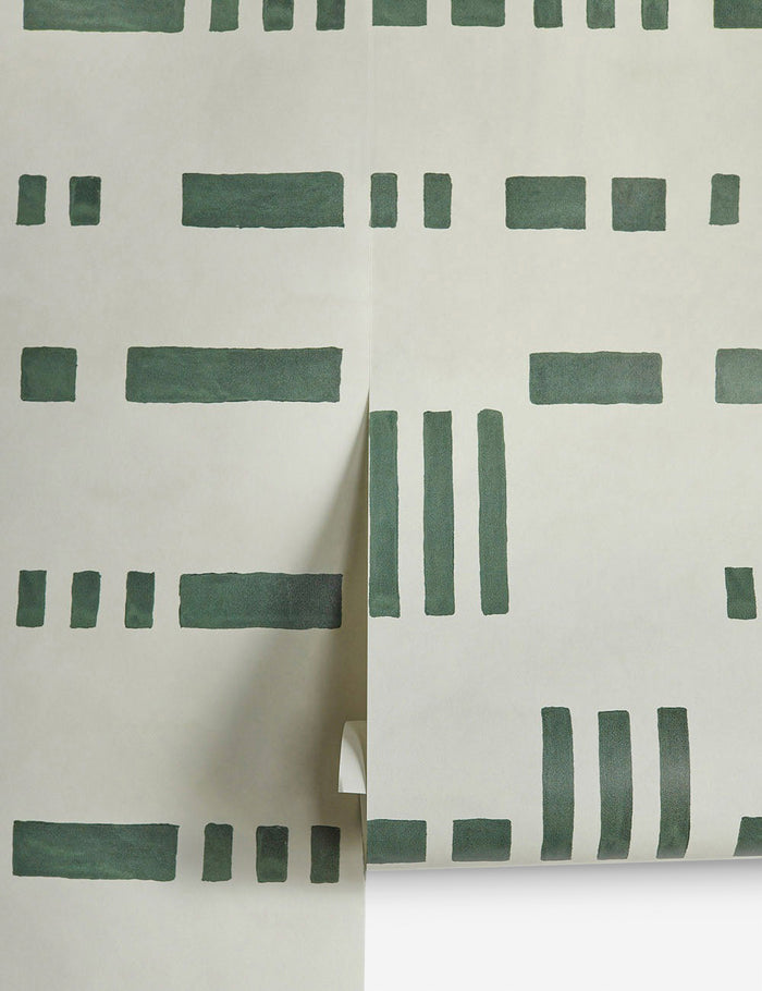 | Artemis green and white dash-and-bar motif patterned wallpaper