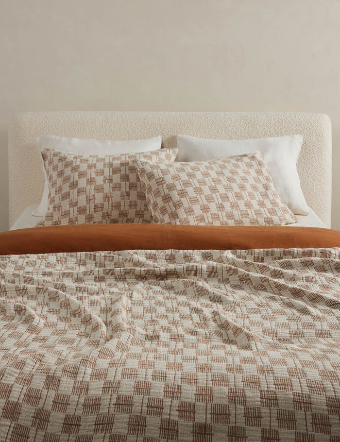 #color::umber-and-ivory #size::standard #size::king | Basketweave cotton soft-texture pillow sham and bed blanket