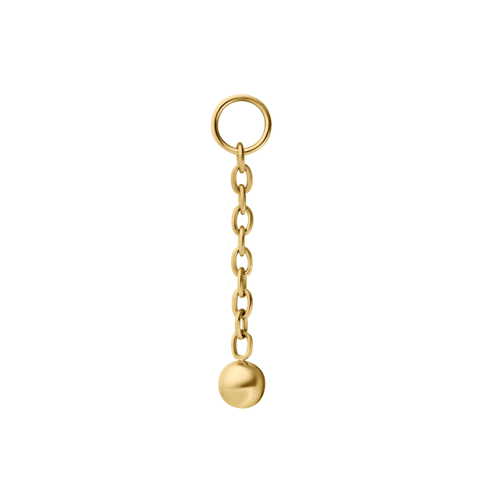 Close up of an earring charm featuring a length of metal chain with a metal ball dangling at the bottom, and a small ring at the top where the charm will link with another earring (like a hoop or a flat back stud). The charm is made from ASTM F136 Implant Grade titanium, and finished with 18K Gold PVD Plating
