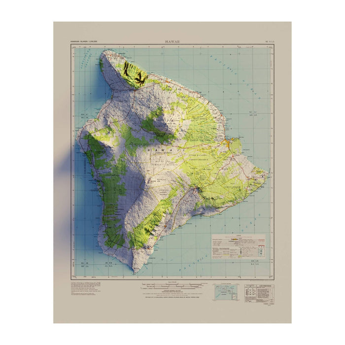 Big Island, Hawaii 1975 Shaded Relief Map - No Frame - North Drinkware