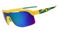 Side view of yellow shield sunglasses with light green mirrored lenses and patterned temple arms.