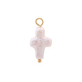 Cross-shaped freshwater pearl hoop charm with gold accents on a white background