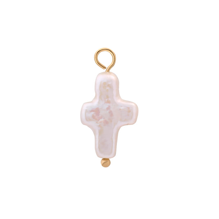Cross-shaped freshwater pearl hoop charm with gold accents on a white background