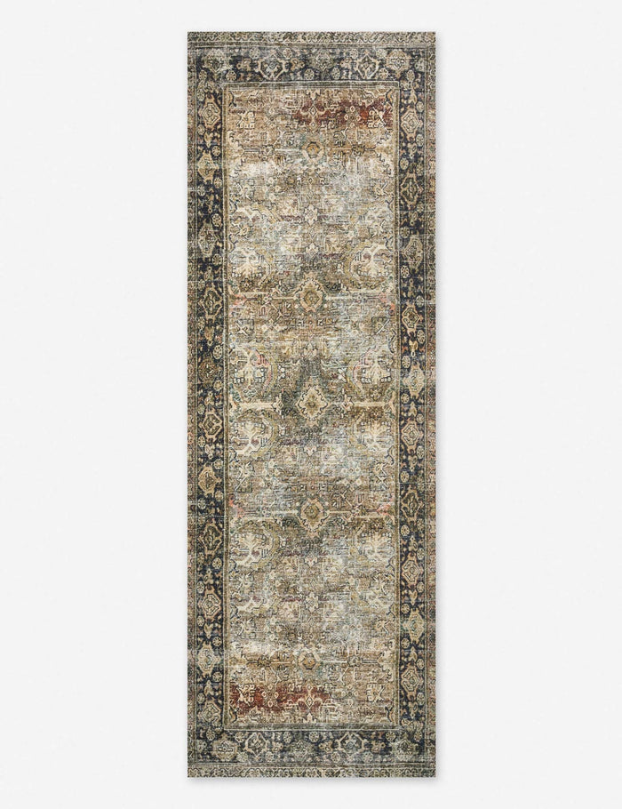 #size::2-6--x-12-0- #size::2-6--x-7-6- #size::2-6--x-9-6- #color::olive-and-charcoal | The Dacion distressed dark-toned persian rug in its runner size