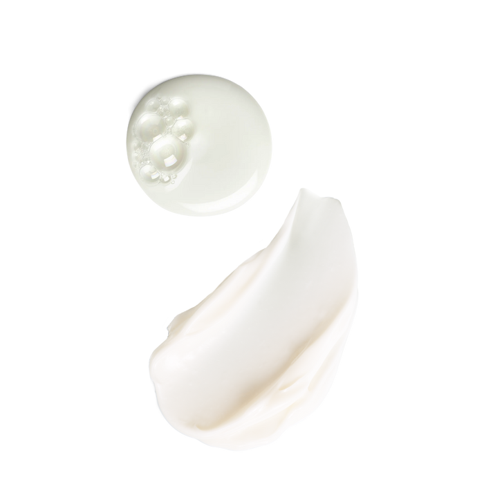 Texture swatches of the Skinfix Hydrating Foaming Oil Cleanser (a clear, bubbly gel) and Triple Lipid-Peptide Cream (a thick, white cream), on a white background.