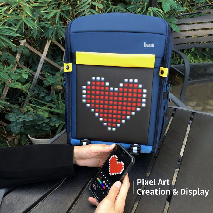 Divoom Backpack-S Pixel Art LED Backpack, a red pixel heart display synced from a smartphone app on a blue backpack, smartphone app controlled, patio hangout decor