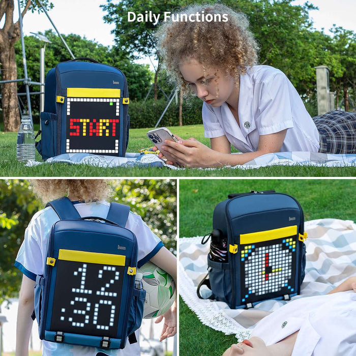 Divoom Backpack-S Pixel Art LED Backpack, pixel Start text, a digital clock, and a cartoon figure on a blue backpack, smartphone app controlled, picnic park decor