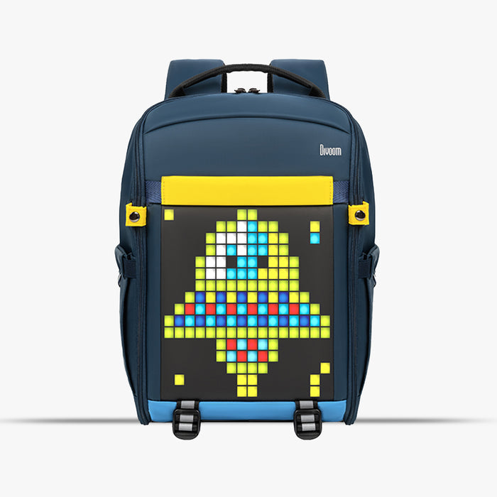 Divoom Backpack-S Pixel Art LED Backpack, a blue backpack with yellow accents and a colorful pixel spaceship display, smartphone app controlled, everyday commute decor