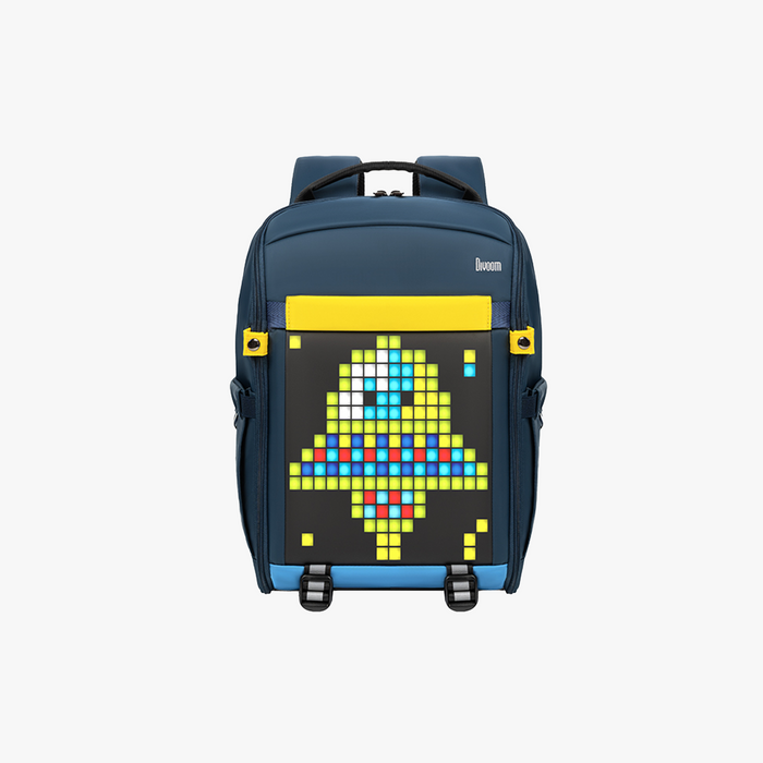 Divoom Backpack-S Pixel Art LED Backpack, navy backpack with a yellow flap and front LED panel featuring a colorful pixel fish, smartphone app controlled, school commute decor