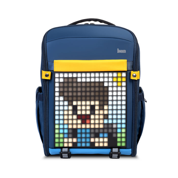Divoom Backpack-S Pixel Art LED Backpack, a blue backpack with yellow accents and a pixel anime-style character display, smartphone app controlled, everyday commute decor
