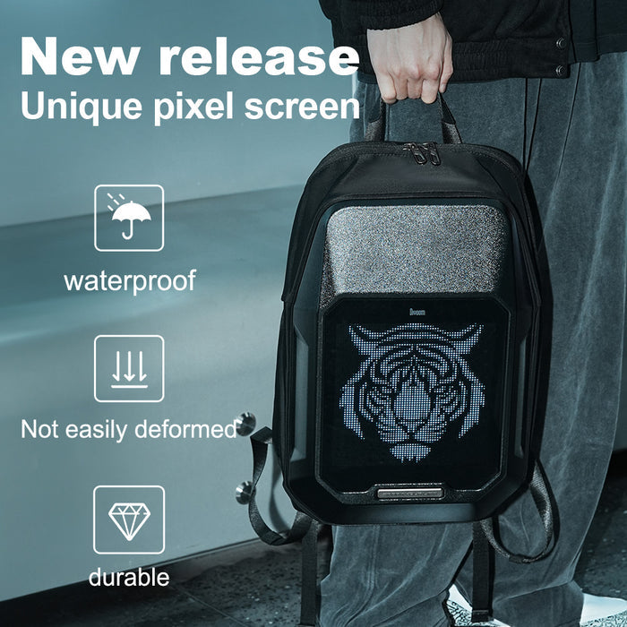 Divoom Cyberbag Pixel Art LED Backpack, carried by hand with a white tiger pixel display on a black shell, smartphone app controlled, urban commute decor