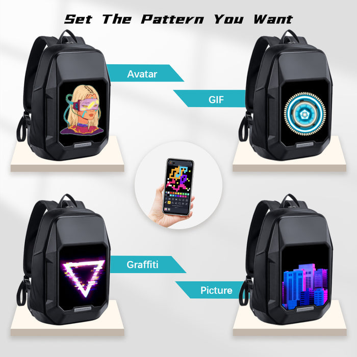 Divoom Cyberbag Pixel Art LED Backpack, four black backpacks with customizable pixel avatar, GIF, graffiti triangle, and city art, smartphone app controlled, tech lifestyle decor