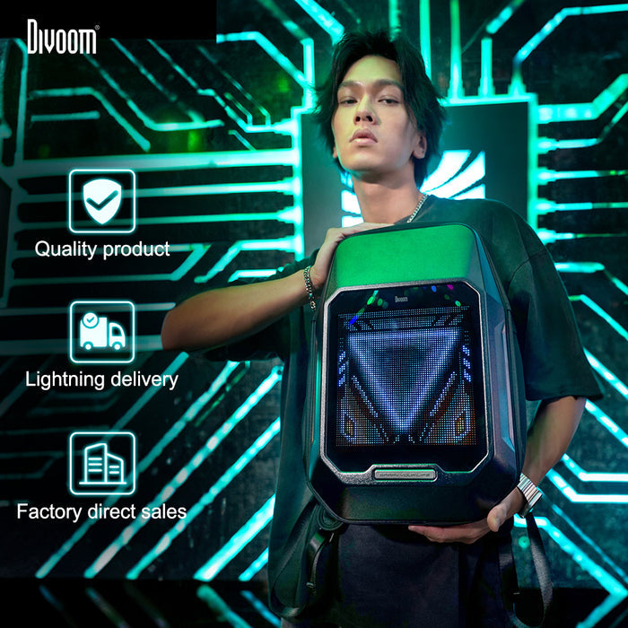 Divoom Cyberbag Pixel Art LED Backpack, held by a model with a futuristic white and blue pixel face display against neon circuit lights, smartphone app controlled, cyberpunk fashion decor