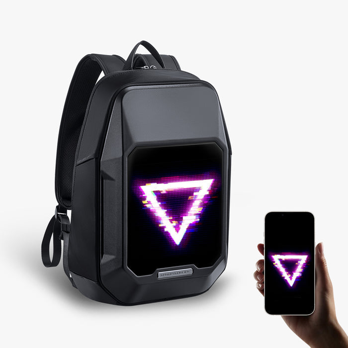 Divoom Cyberbag Pixel Art LED Backpack, black hard-shell backpack with a neon pink triangle pixel display and matching phone control, smartphone app controlled, techwear decor