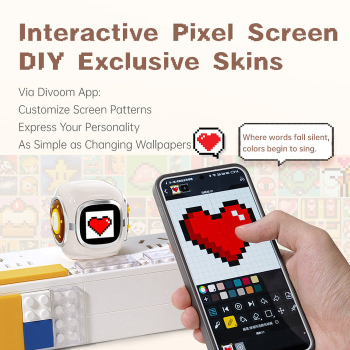Divoom Dipow 35W, white charger with a red pixel heart screen beside a phone editing matching pixel art in the app, smartphone app controlled, desk setup decor