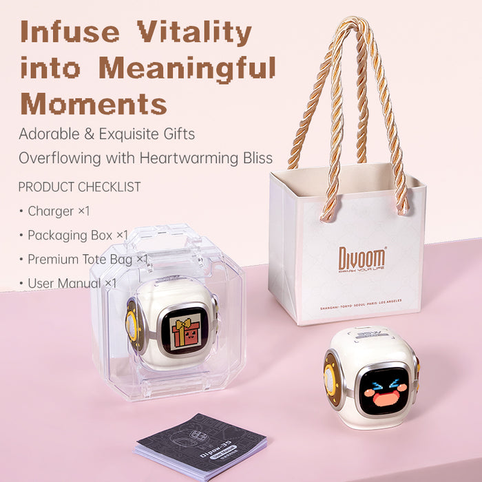 Divoom Dipow 35W, white cube charger gift set with pixel art screens, clear box, branded tote bag and manual on a pink tabletop, smartphone app controlled, gift decor