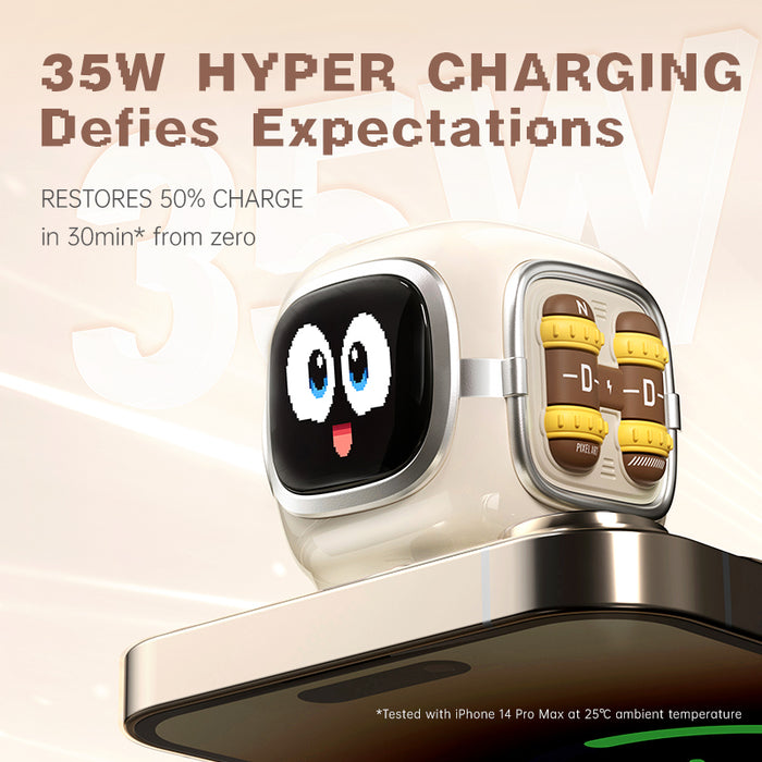 Divoom Dipow 35W, compact silver charger with a cute animated face display and football-themed internal battery graphic, fast-charging desk setup decor