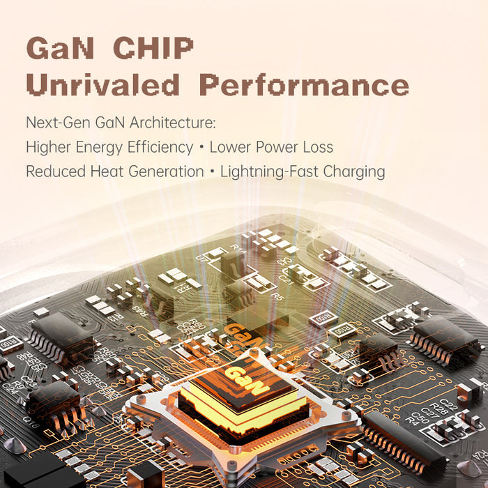 Divoom Dipow 35W, close-up GaN chip graphic on a detailed circuit board with glowing orange core and performance text, smartphone app controlled, desk charging station decor