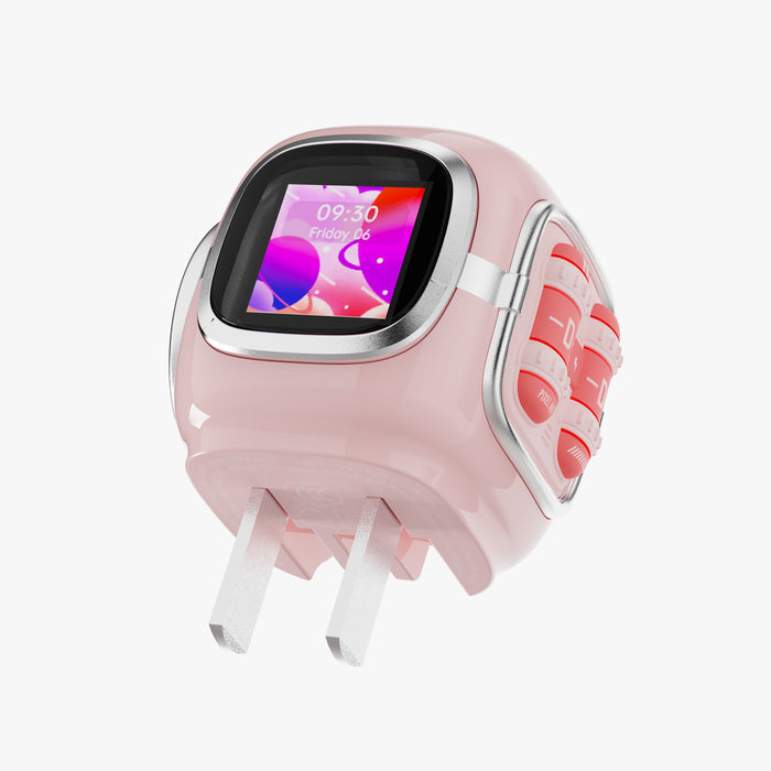 Divoom Dipow 35W, glossy pink charger with a small color display and visible fold-out plug prongs on a plain white background, smartphone app controlled, desk setup decor