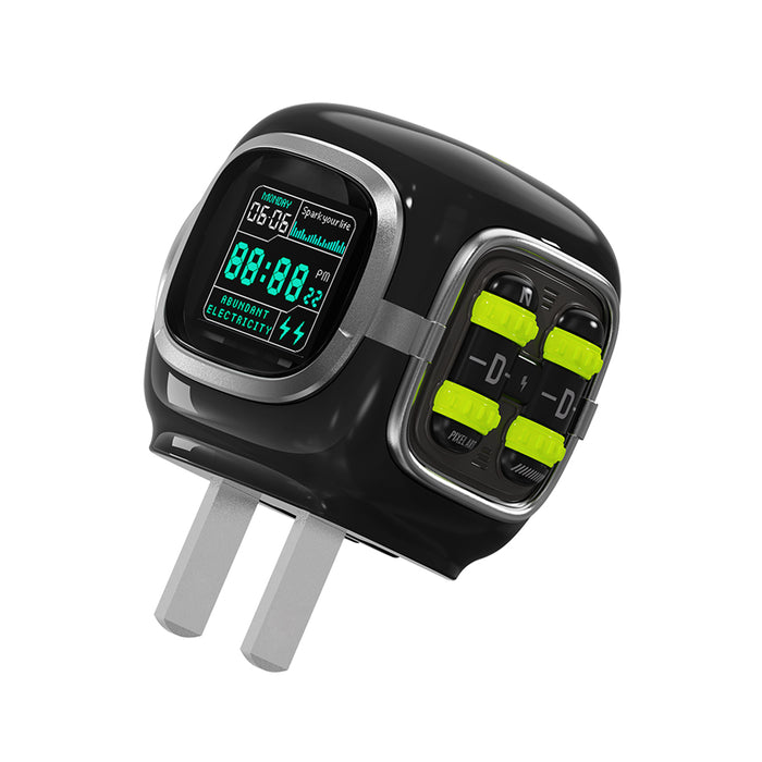 Divoom Dipow 35W, black charger with a digital clock display, silver trim and neon green outlet sliders on a plain white background, smartphone app controlled, desk setup decor