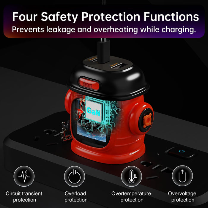 Divoom Dipow-65W Multi-socket Fast Charger, red robot-style charger with visible GaN chip graphic and Type-C ports, smartphone app controlled, desk charging station decor