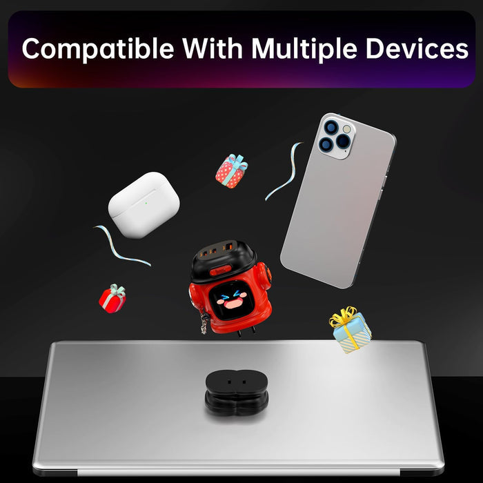 Divoom Dipow-65W Multi-socket Fast Charger, black compact charger on a laptop with a phone, earbuds and mini pixel device floating above, smartphone app controlled, multi-device desk decor