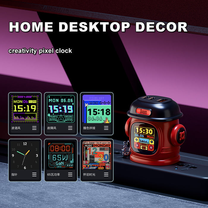 Divoom Dipow-65W Multi-socket Fast Charger, red fire hydrant shaped charger with a pixel clock screen and multiple app clock themes beside it, smartphone app controlled, home desktop decor