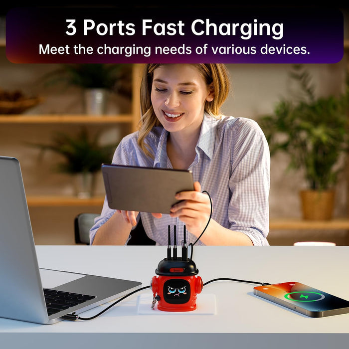 Divoom Dipow-65W Multi-socket Fast Charger, red robot-shaped charger with three fast-charging ports powering a laptop, tablet, and phone on a desk, smartphone app controlled, home office decor