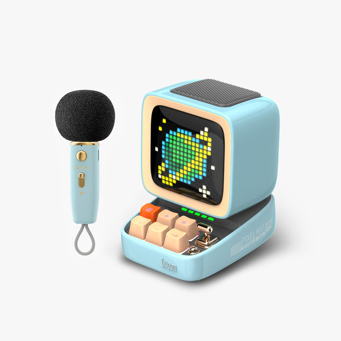 Divoom Ditoo 5-Mic Bluetooth Speaker, pastel blue retro desktop speaker with matching handheld mic and pixel globe display on screen, Bluetooth audio for karaoke desk decor