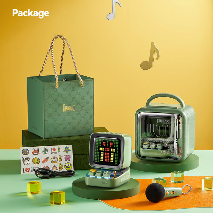 Divoom Ditoo-Mic Mini Karaoke Machine Pixel Art Bluetooth Speaker, green gift package with carrying bag, pixel art speaker, stickers, cable and mini microphone, Bluetooth audio, karaoke party decor