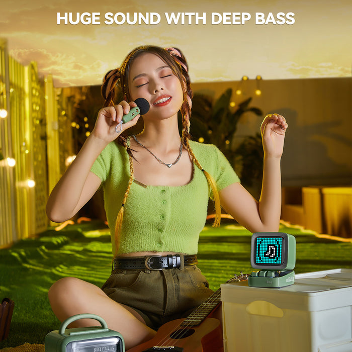 Divoom Ditoo-Mic Mini Karaoke Machine Pixel Art Bluetooth Speaker, singer holding a mint mic beside a pixel music-note speaker in warm lights, deep bass audio, backyard party decor