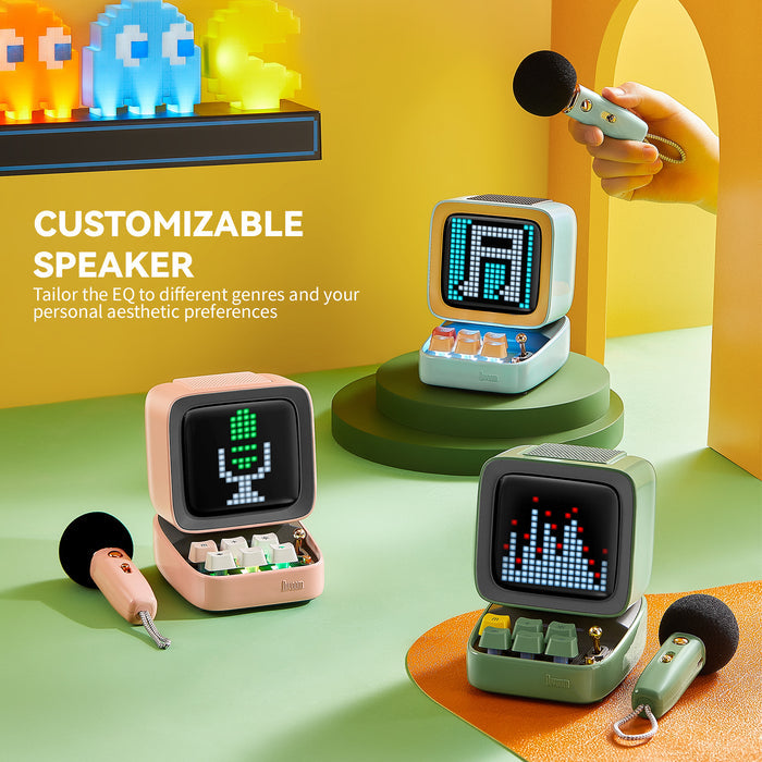 Divoom Ditoo-Mic Mini Karaoke Machine Pixel Art Bluetooth Speaker, three pastel mini speakers with pixel music icons and wireless mics, Bluetooth audio, game room decor