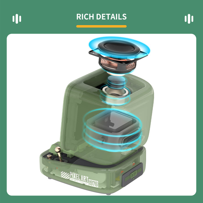 Divoom Ditoo-Mic Mini Karaoke Machine Pixel Art Bluetooth Speaker, translucent green speaker with exploded internal driver and glowing sound wave graphics, rich details audio decor