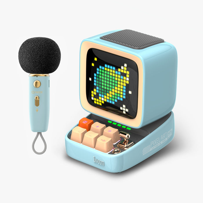 Divoom Ditoo 5-Mic Bluetooth Speaker, pastel blue retro mini speaker with pixel art display, keyboard buttons and matching handheld mic, Bluetooth audio desk karaoke decor