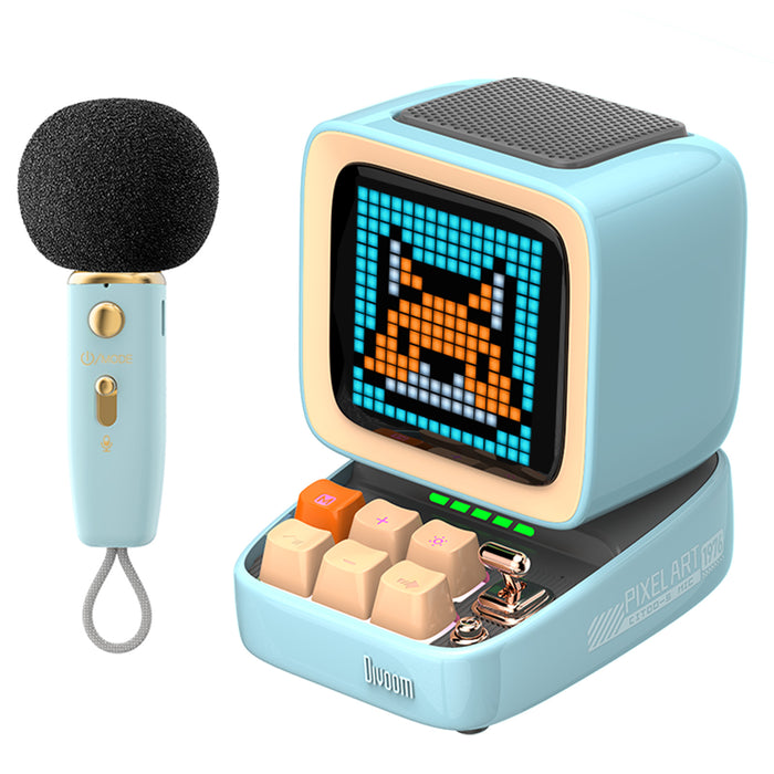 Divoom Ditoo 5-Mic Bluetooth Speaker, pastel blue retro desktop speaker with a pixel fox face display and matching handheld mic on white background, audio decor