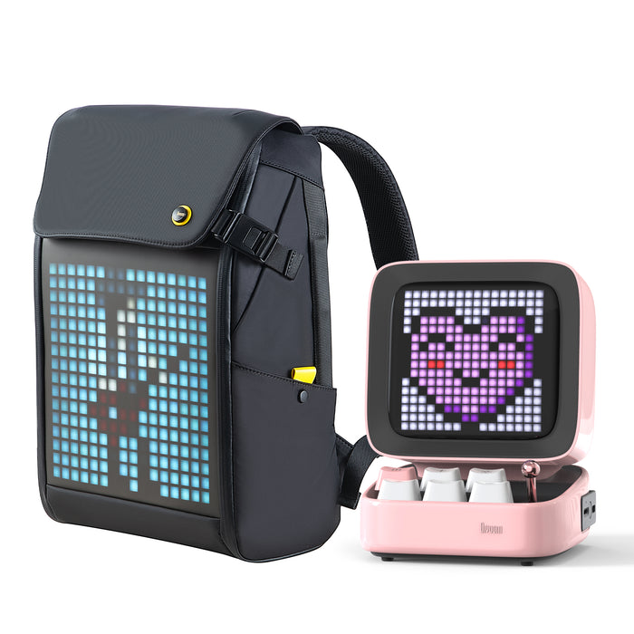 Divoom Ditoo Plus & Pixoo M Backpack, a black LED backpack with blue pixel art and a pink mini display keyboard with a purple cat face, smartphone app controlled, desk and commute decor
