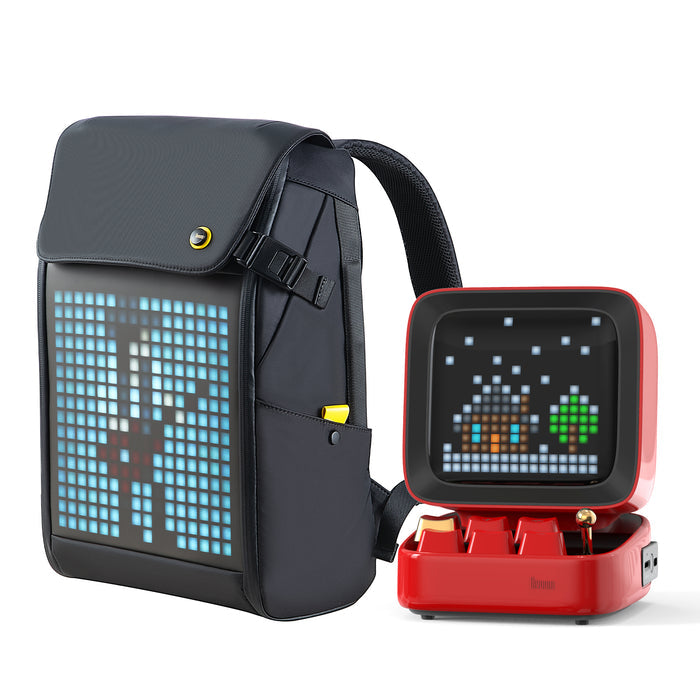 Divoom Ditoo Plus & Pixoo M Backpack, a black LED backpack with blue pixel figure and a red pixel speaker on white background, smartphone app controlled, desk setup decor