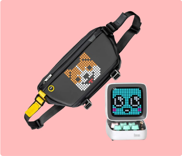 Divoom Ditoo Pro & Sling Bag, black crossbody bag with a corgi pixel display beside a white Ditoo Pro with blue pixel face, smartphone app controlled, playful desk and streetwear decor