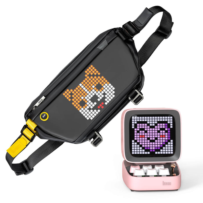 Divoom Ditoo Pro & Sling Bag, black sling bag with a pixel corgi face and pink Ditoo Pro with a purple heart animation, smartphone app controlled, desk and travel decor