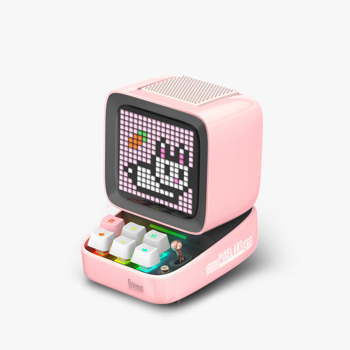Divoom Ditoo-Pro Retro Pixel Art Bluetooth Speaker, a pink retro monitor design with bunny pixel art, RGB keyboard keys and joystick, Bluetooth audio for desk decor