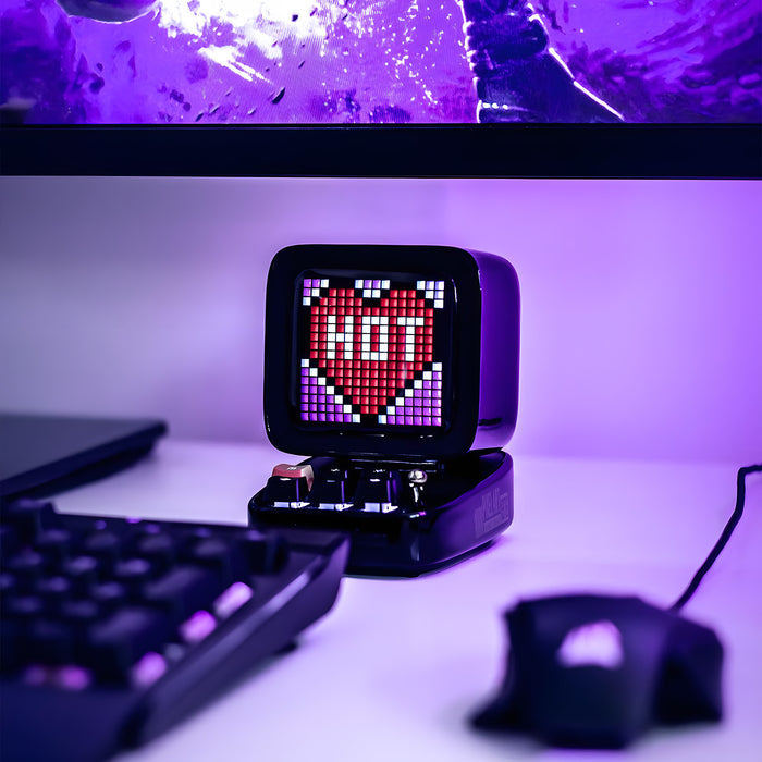 Divoom Ditoo-Pro Retro Pixel Art Bluetooth Speaker, a pixel heart with HOT text on its screen, Bluetooth audio speaker, purple-lit gaming desk decor