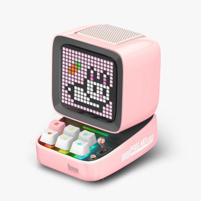Divoom Ditoo-Pro Retro Pixel Art Bluetooth Speaker, a pink retro monitor design with bunny pixel art and keyboard controls, Bluetooth audio, kawaii desk decor