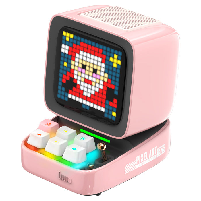 Divoom Ditoo-Pro Retro Pixel Art Bluetooth Speaker, a pink retro computer design with a pixel Santa display and rainbow-lit keyboard, Bluetooth audio, holiday desk decor