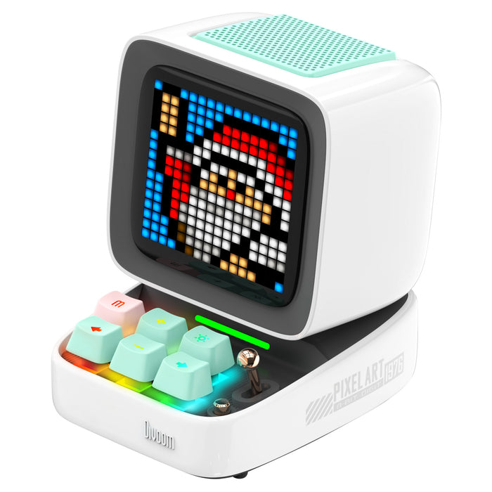 Divoom Ditoo-Pro Retro Pixel Art Bluetooth Speaker, a white retro monitor design with a Santa pixel display, pastel RGB keyboard and joystick, Bluetooth audio desktop holiday decor